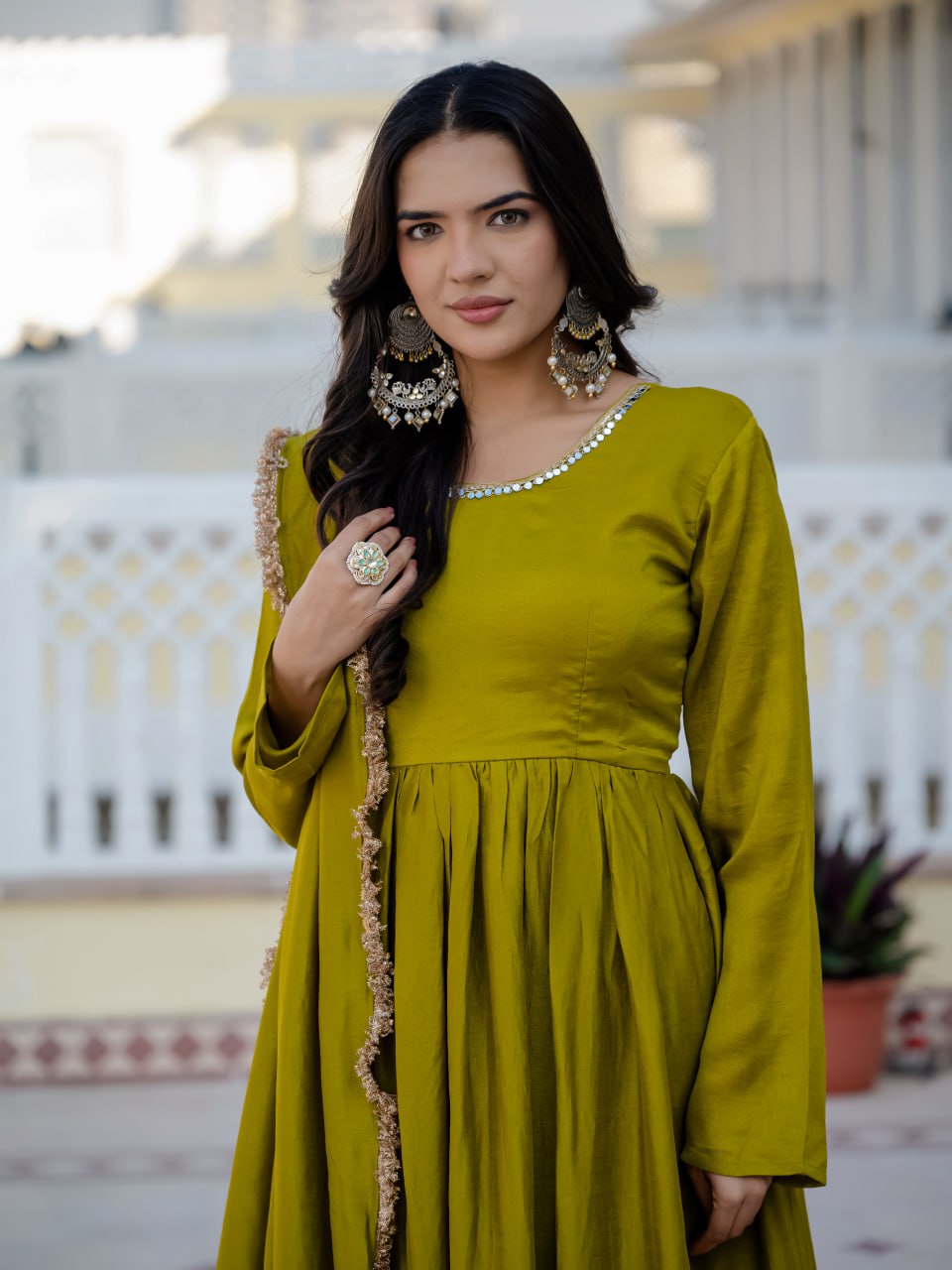 Traditional Stunning Vichitra Silk Anarkali Suit with Printed Silk Dupatta