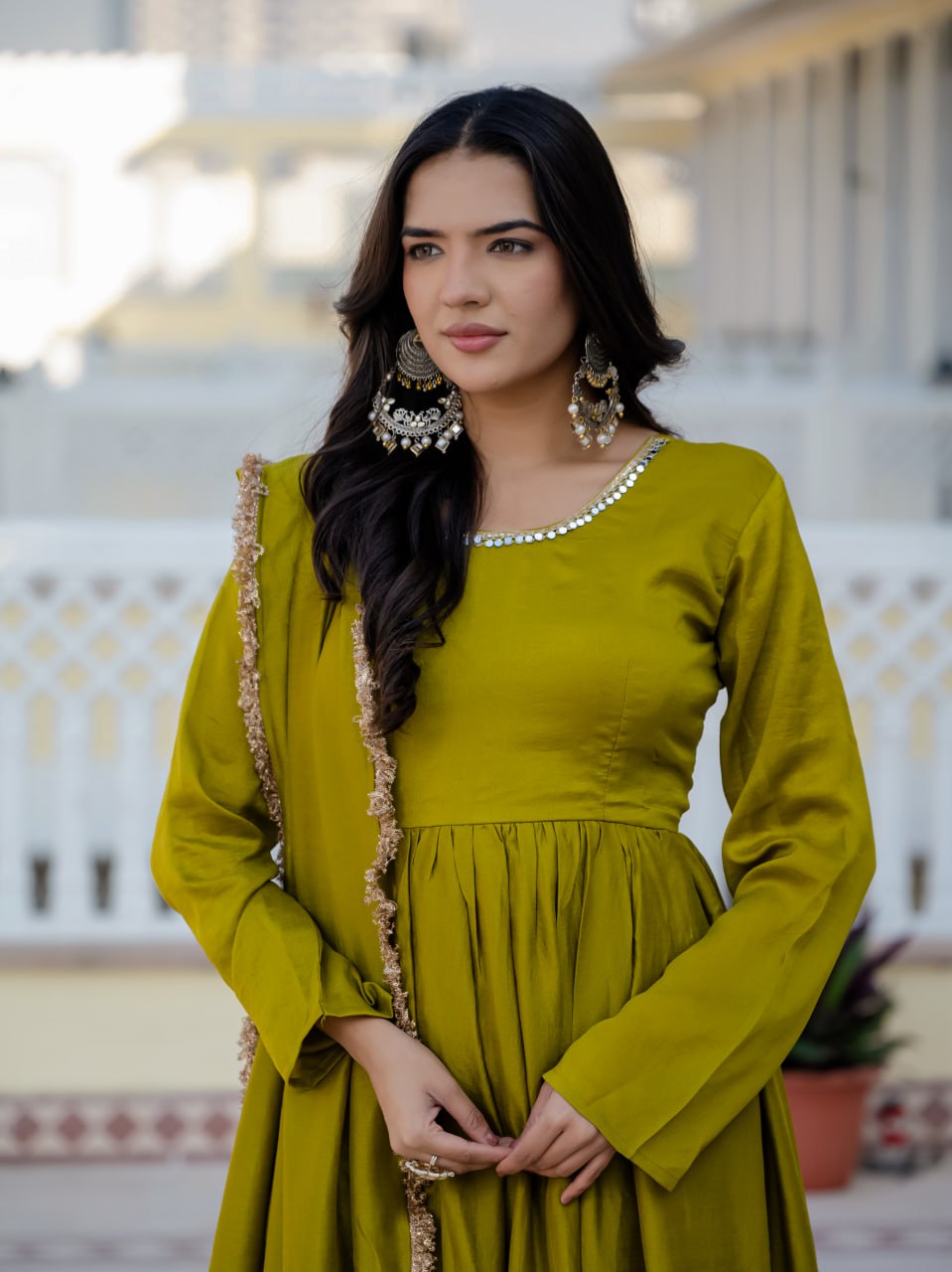 Traditional Stunning Vichitra Silk Anarkali Suit with Printed Silk Dupatta