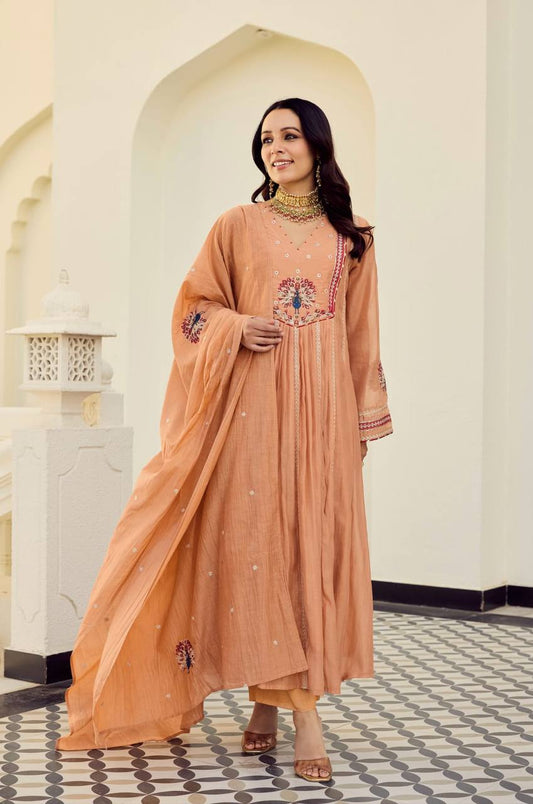 Trendy Peach Grace Embroidered Flared Ethnic Set
