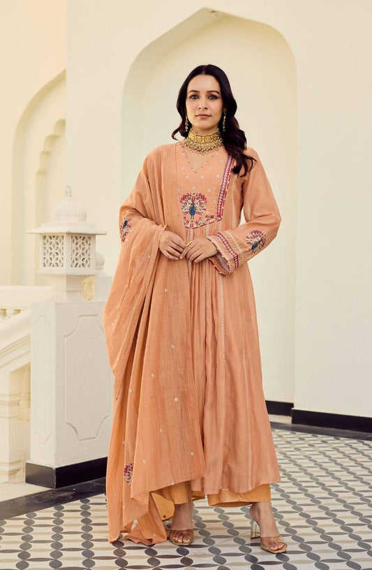 Trendy Peach Grace Embroidered Flared Ethnic Set