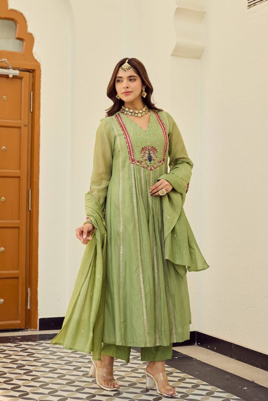 Olive Green Peacock Embroidered Flared Suit Set