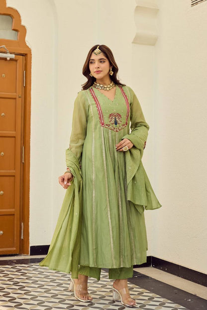 Olive Green Peacock Embroidered Flared Suit Set
