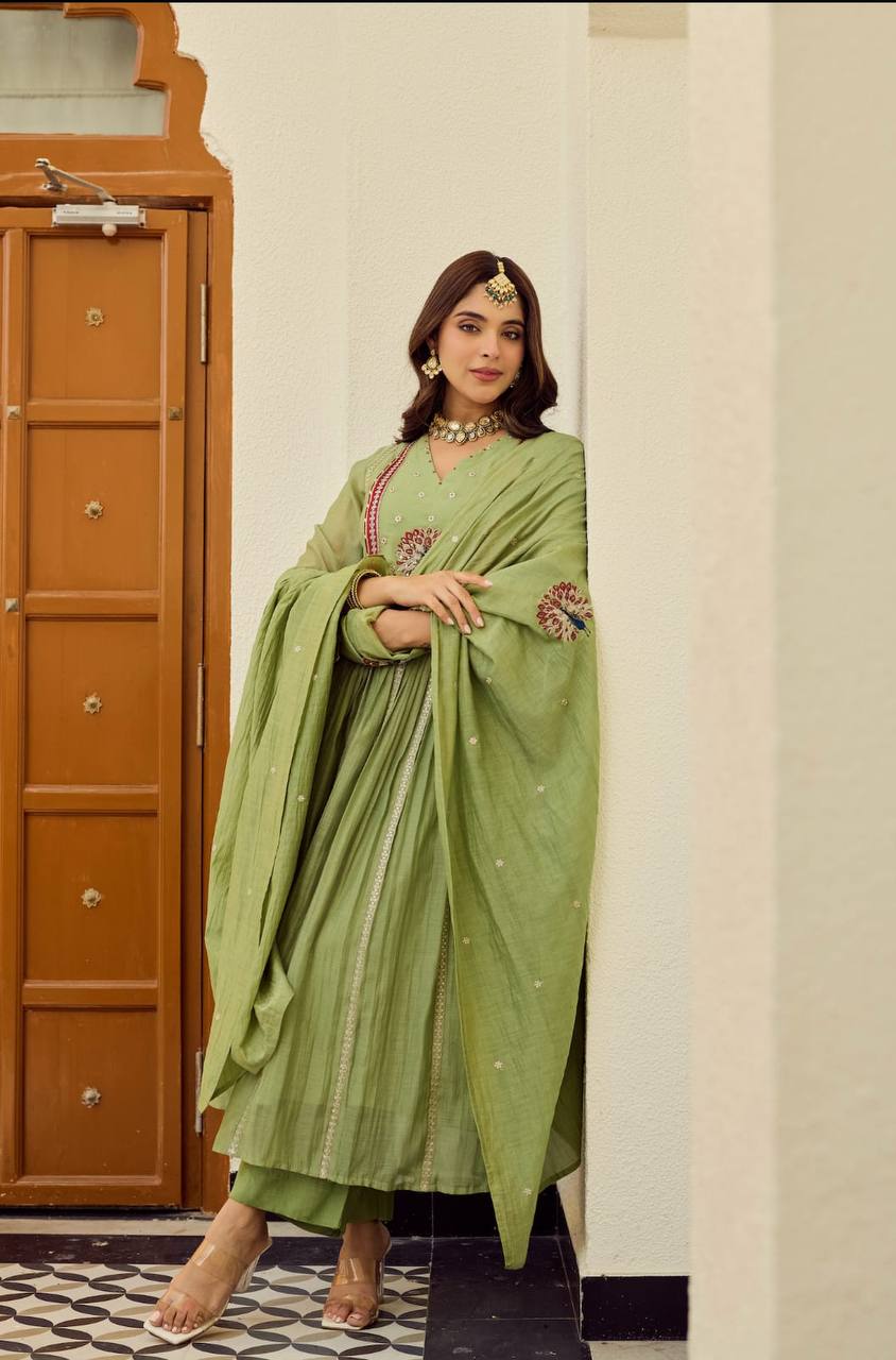 Olive Green Peacock Embroidered Flared Suit Set