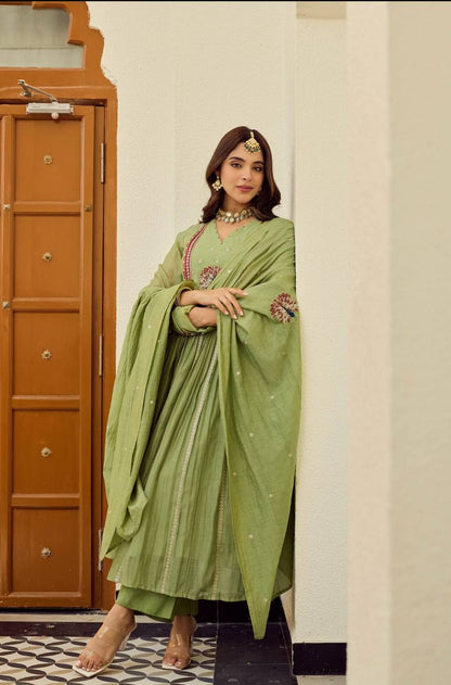 Olive Green Peacock Embroidered Flared Suit Set