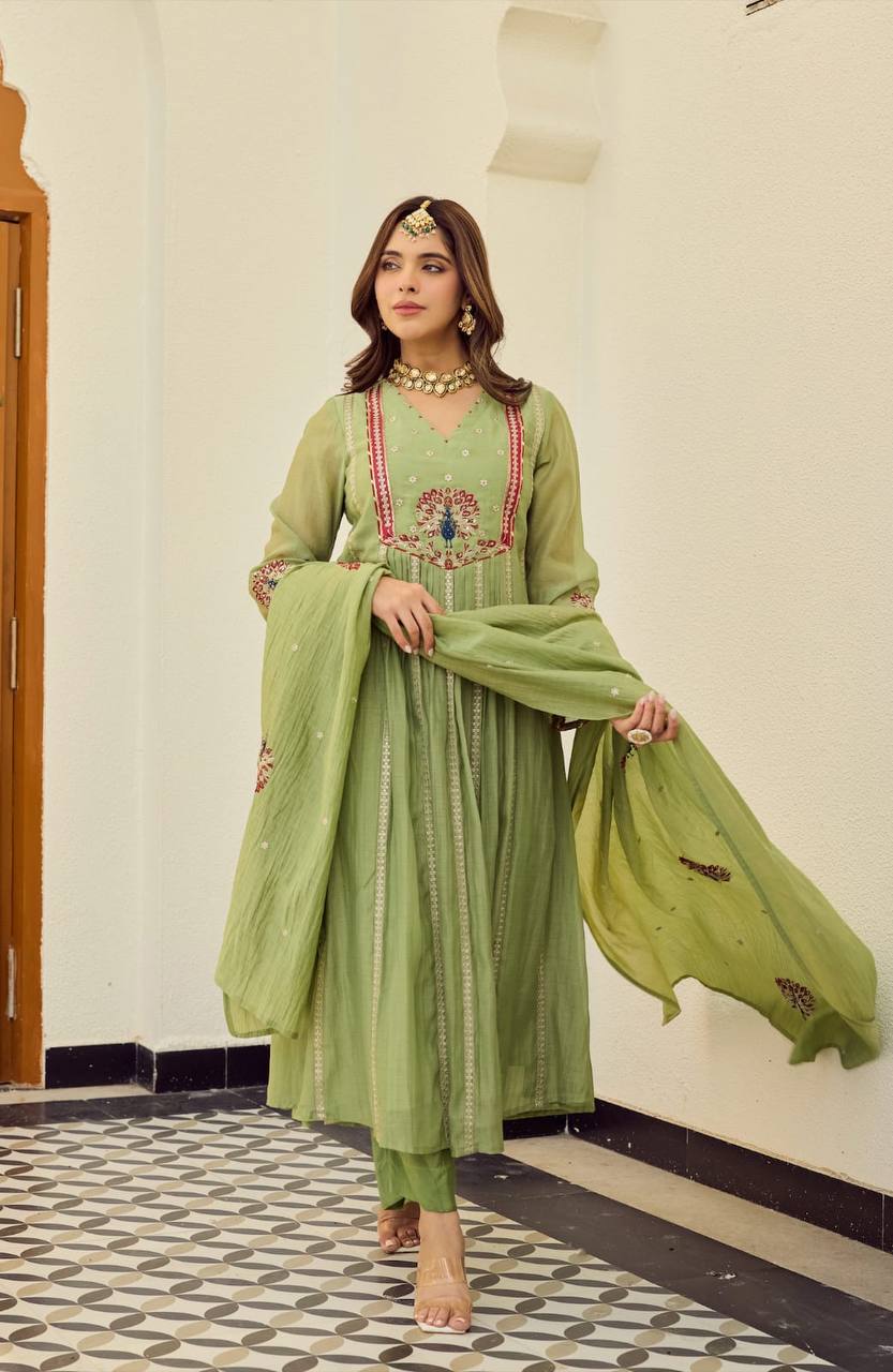 Olive Green Peacock Embroidered Flared Suit Set