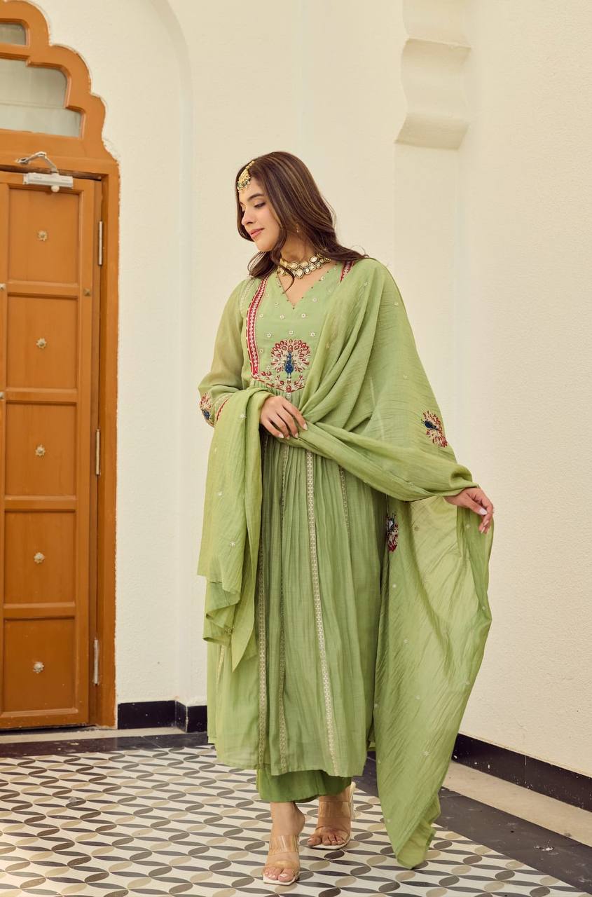 Olive Green Peacock Embroidered Flared Suit Set