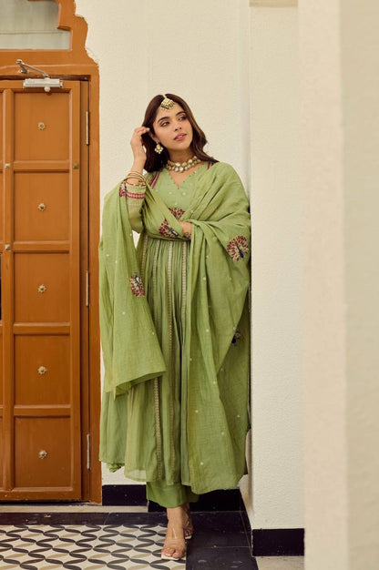 Olive Green Peacock Embroidered Flared Suit Set