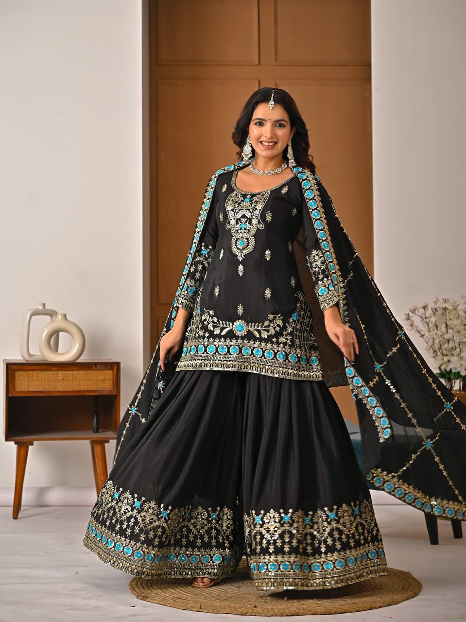 Royal Black Vichitra Silk Embroidered Kurta Sharara Set with Designer Dupatta