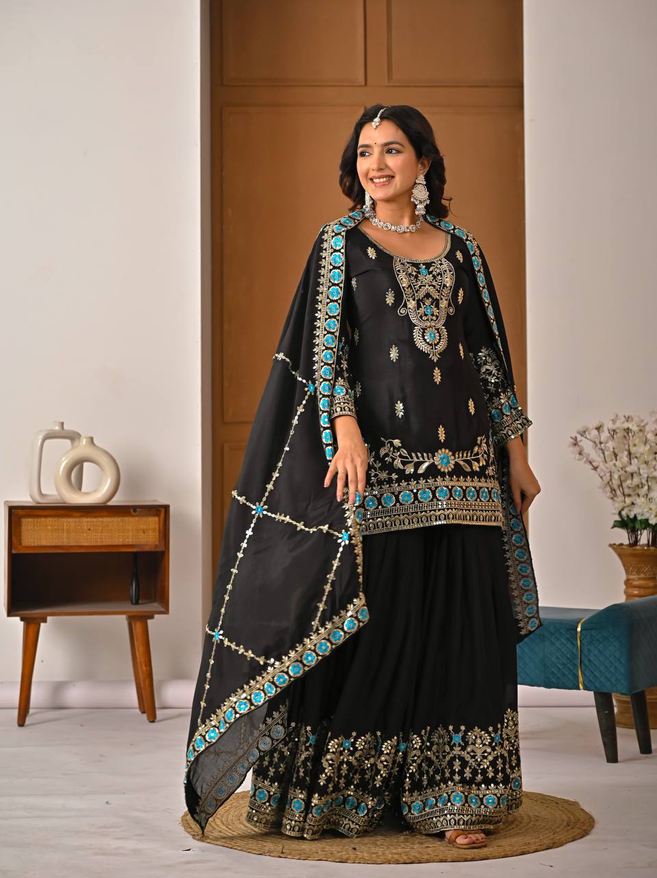 Royal Black Vichitra Silk Embroidered Kurta Sharara Set with Designer Dupatta