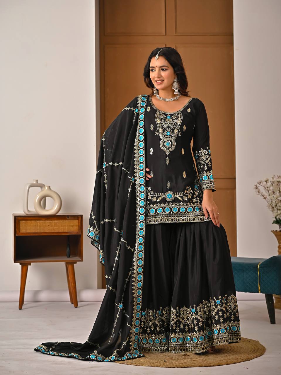 Royal Black Vichitra Silk Embroidered Kurta Sharara Set with Designer Dupatta