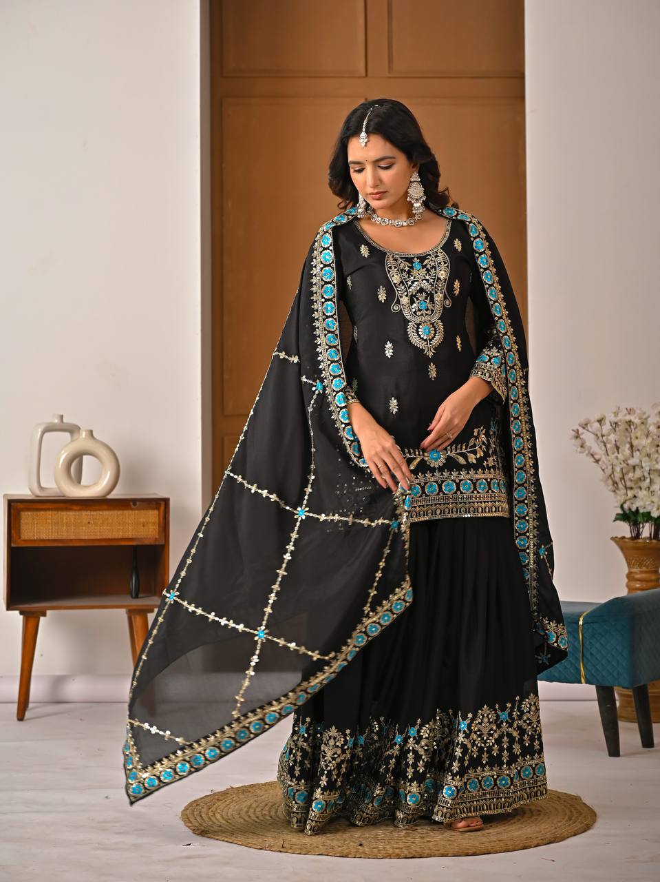 Royal Black Vichitra Silk Embroidered Kurta Sharara Set with Designer Dupatta