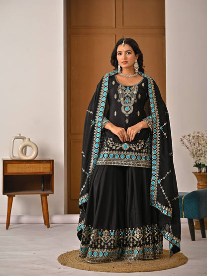Royal Black Vichitra Silk Embroidered Kurta Sharara Set with Designer Dupatta