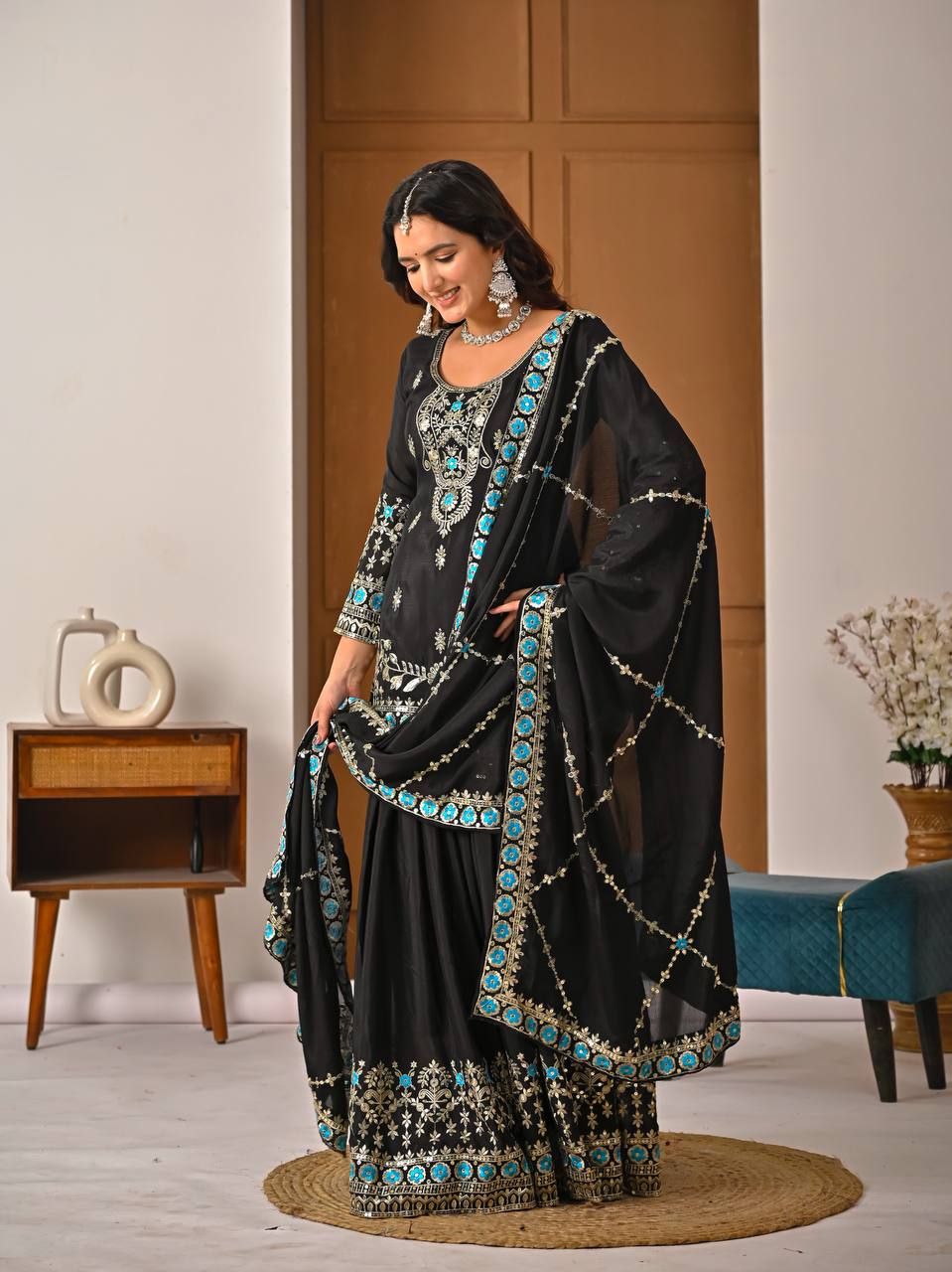 Royal Black Vichitra Silk Embroidered Kurta Sharara Set with Designer Dupatta
