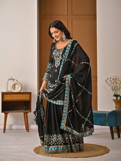 Royal Black Vichitra Silk Embroidered Kurta Sharara Set with Designer Dupatta