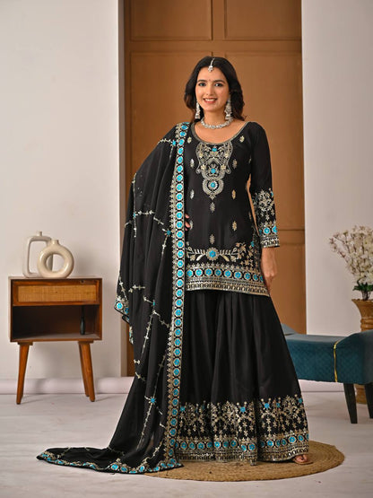 Royal Black Vichitra Silk Embroidered Kurta Sharara Set with Designer Dupatta