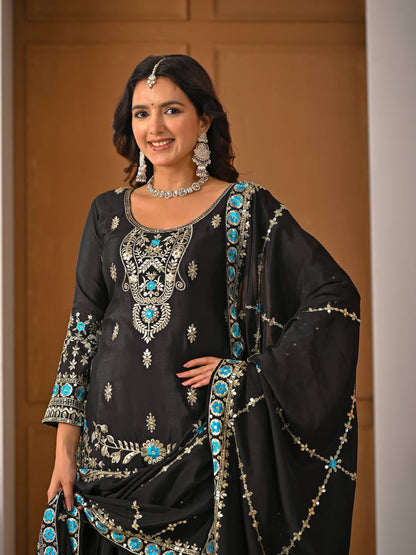 Royal Black Vichitra Silk Embroidered Kurta Sharara Set with Designer Dupatta