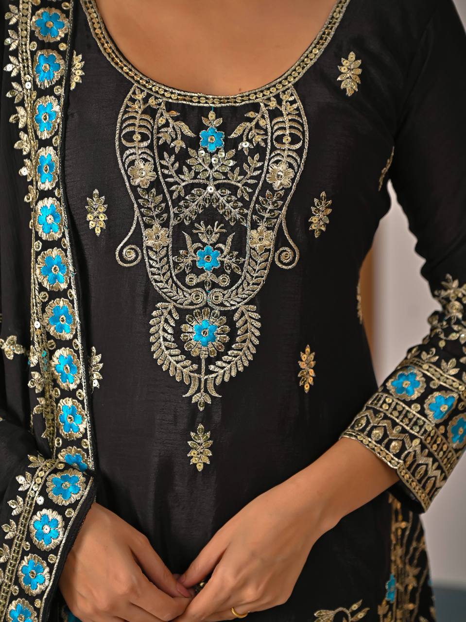 Royal Black Vichitra Silk Embroidered Kurta Sharara Set with Designer Dupatta