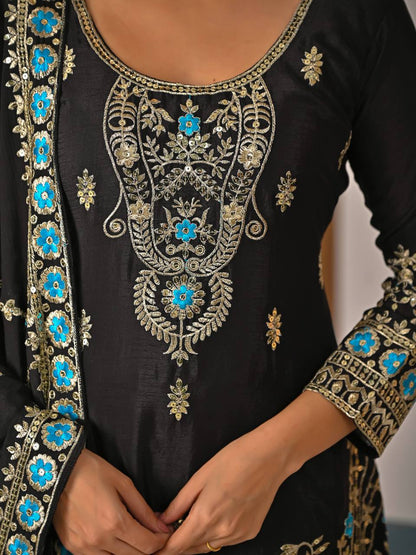 Royal Black Vichitra Silk Embroidered Kurta Sharara Set with Designer Dupatta