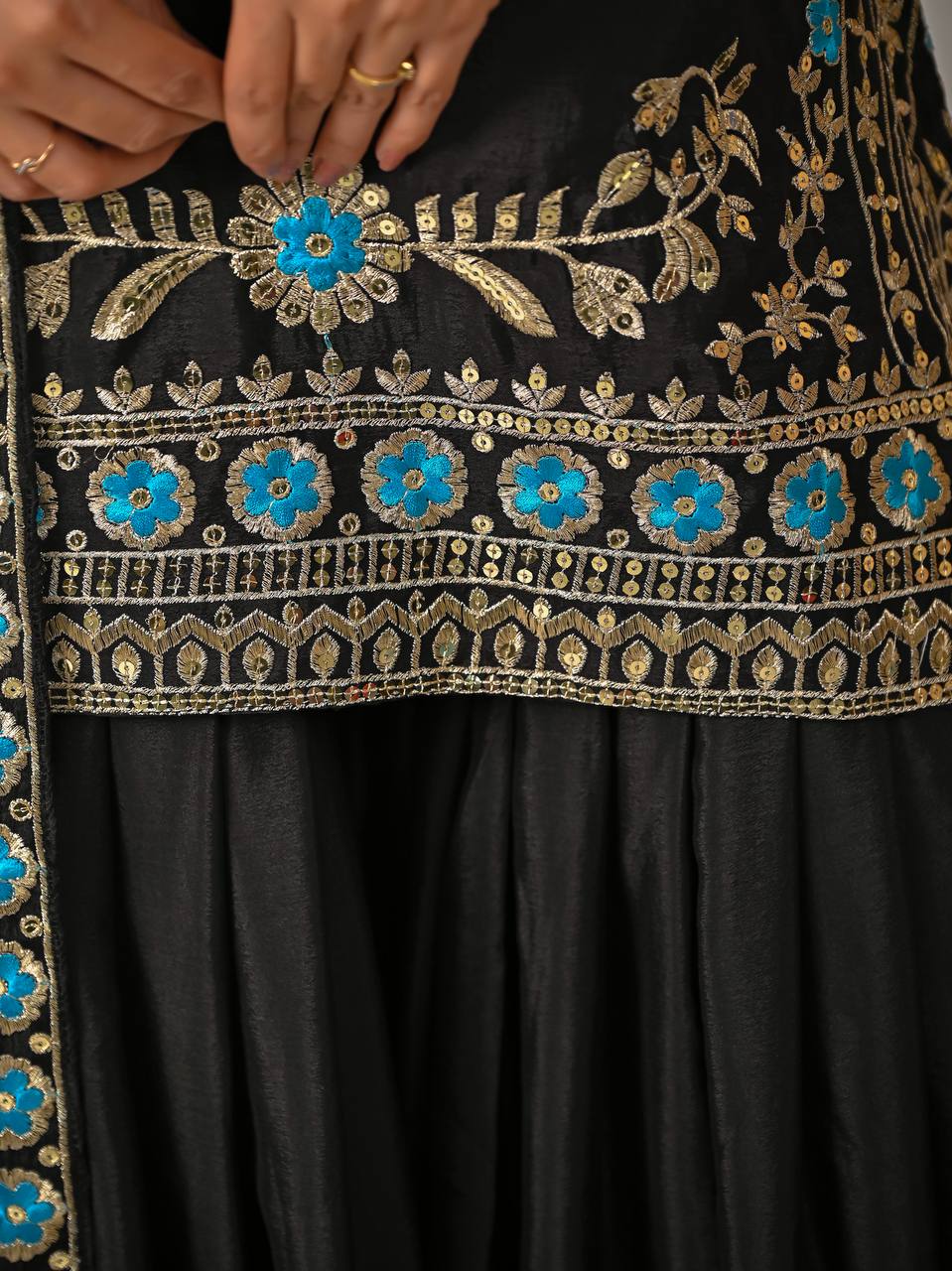 Royal Black Vichitra Silk Embroidered Kurta Sharara Set with Designer Dupatta