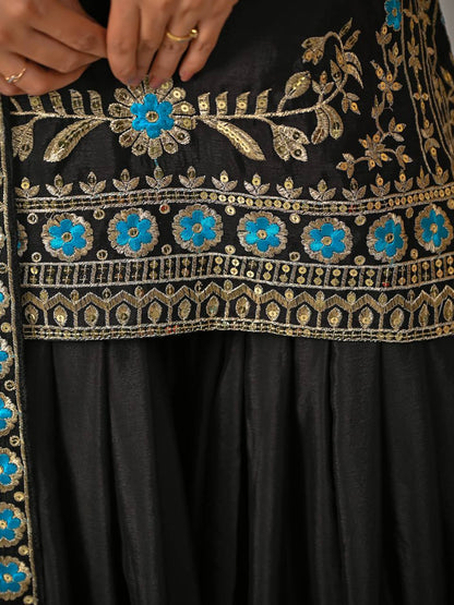 Royal Black Vichitra Silk Embroidered Kurta Sharara Set with Designer Dupatta