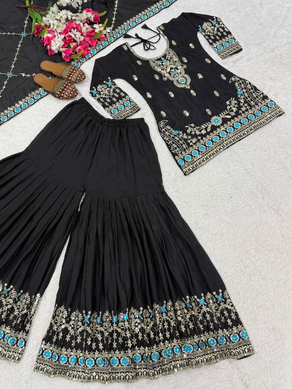 Royal Black Vichitra Silk Embroidered Kurta Sharara Set with Designer Dupatta