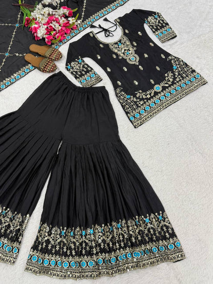 Royal Black Vichitra Silk Embroidered Kurta Sharara Set with Designer Dupatta