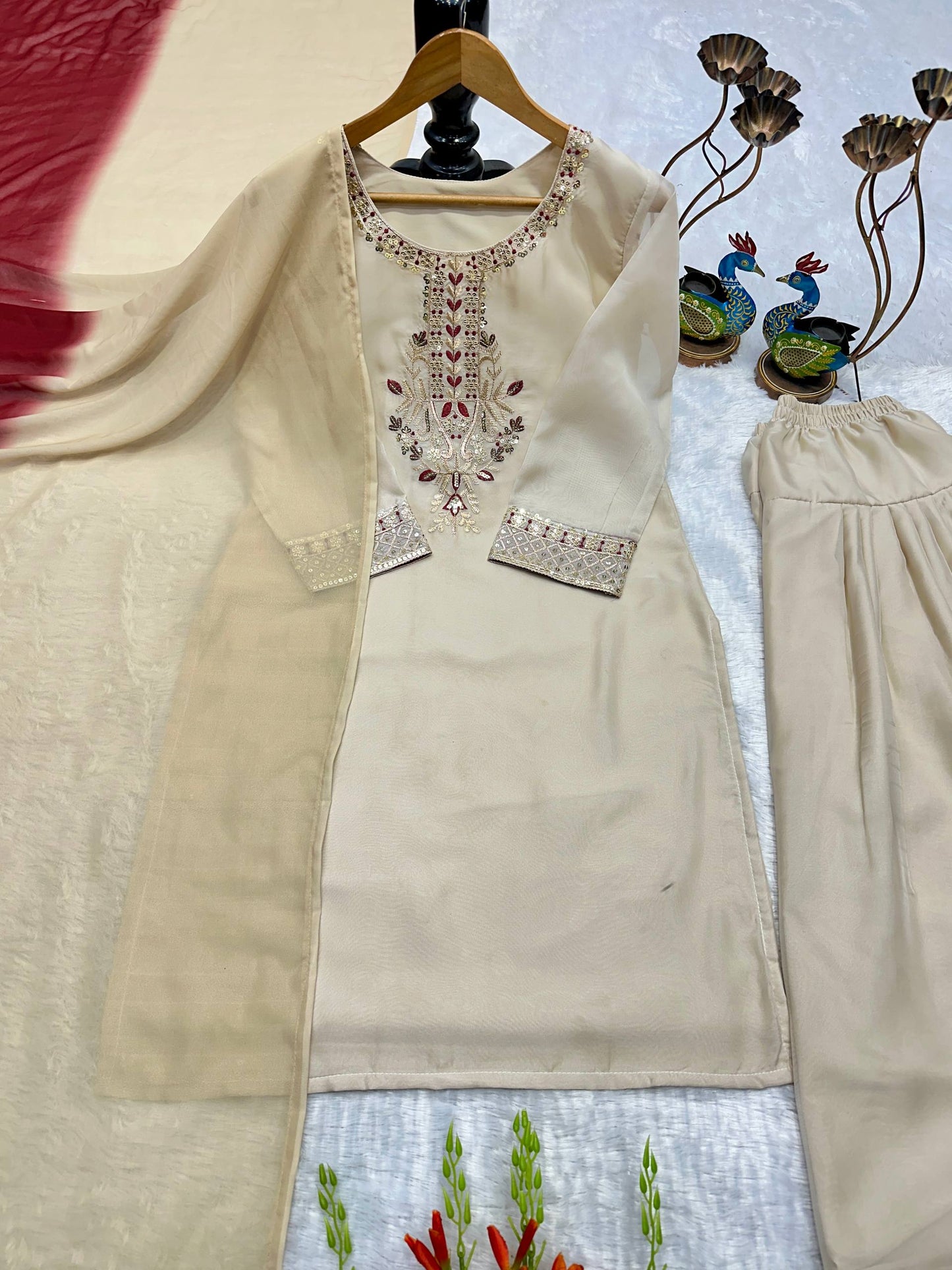 Zari-Work Organza Silk Patiala Suit with Royal Maroon Dupatta