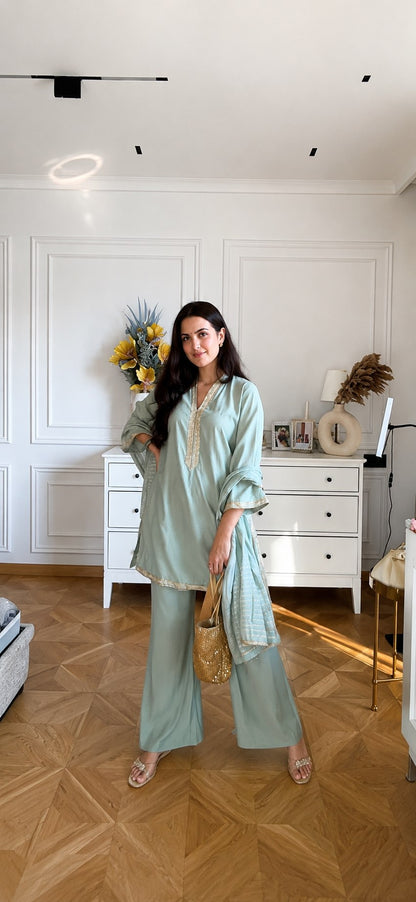 Mint Comfort Lace Kurta Palazzo Set