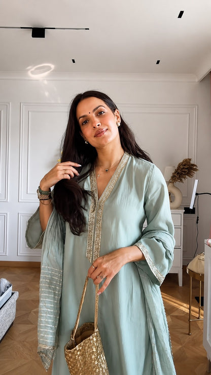 Mint Comfort Lace Kurta Palazzo Set