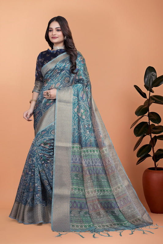 Premium Peacock Blue Soft Silk Saree with Floral Zari Weave & Multi-Color Pallu