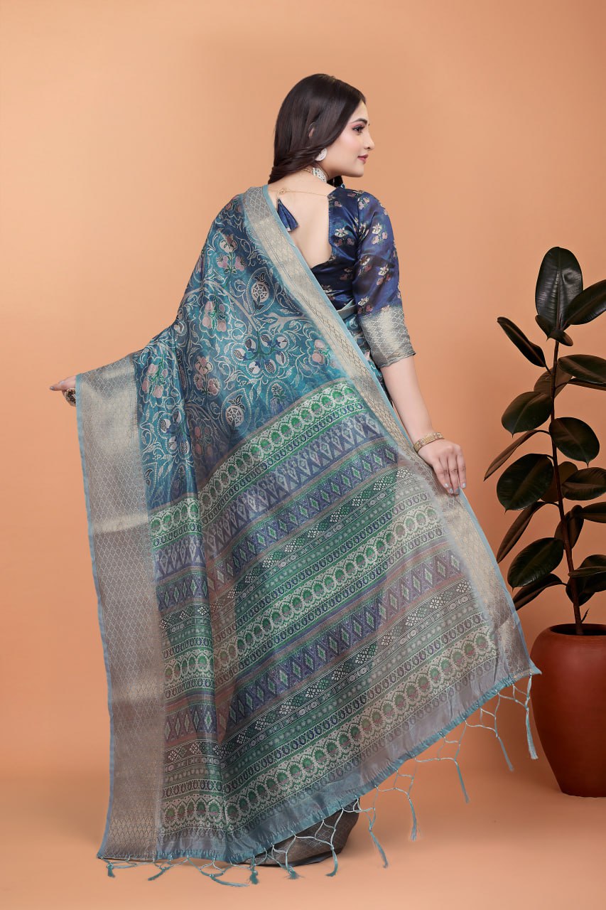 Premium Peacock Blue Soft Silk Saree with Floral Zari Weave & Multi-Color Pallu