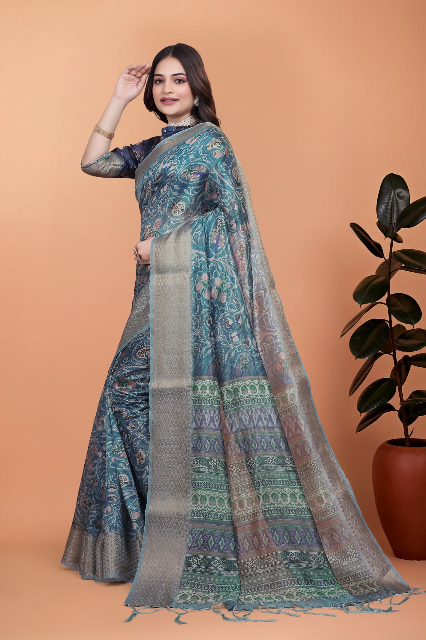 Premium Peacock Blue Soft Silk Saree with Floral Zari Weave & Multi-Color Pallu
