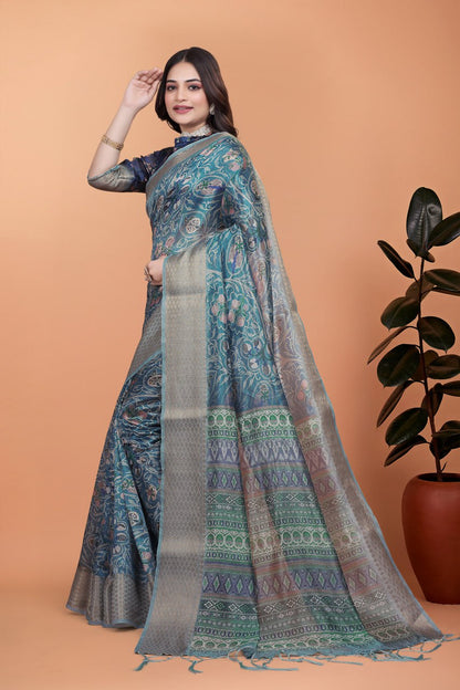 Premium Peacock Blue Soft Silk Saree with Floral Zari Weave & Multi-Color Pallu