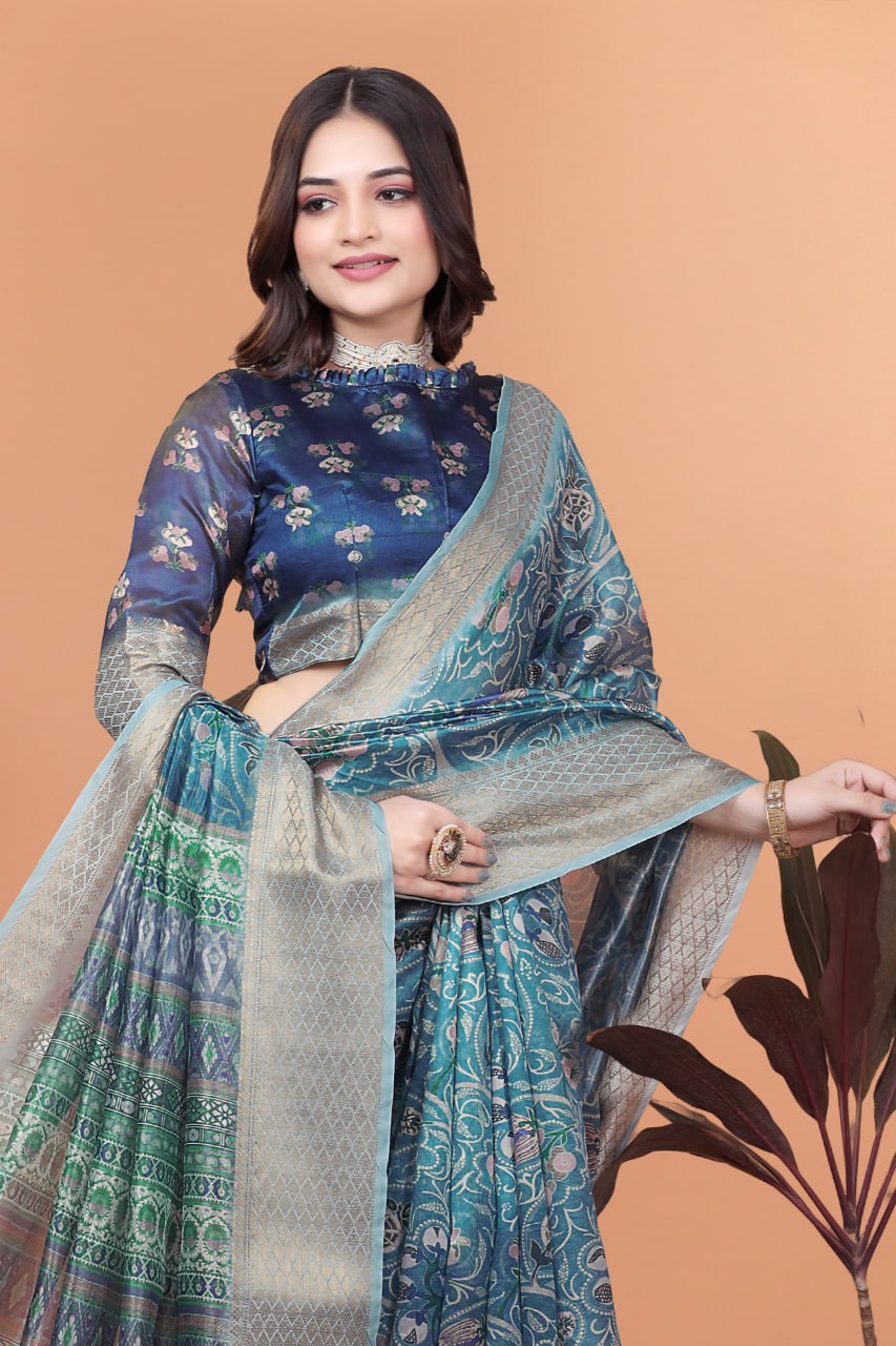 Premium Peacock Blue Soft Silk Saree with Floral Zari Weave & Multi-Color Pallu