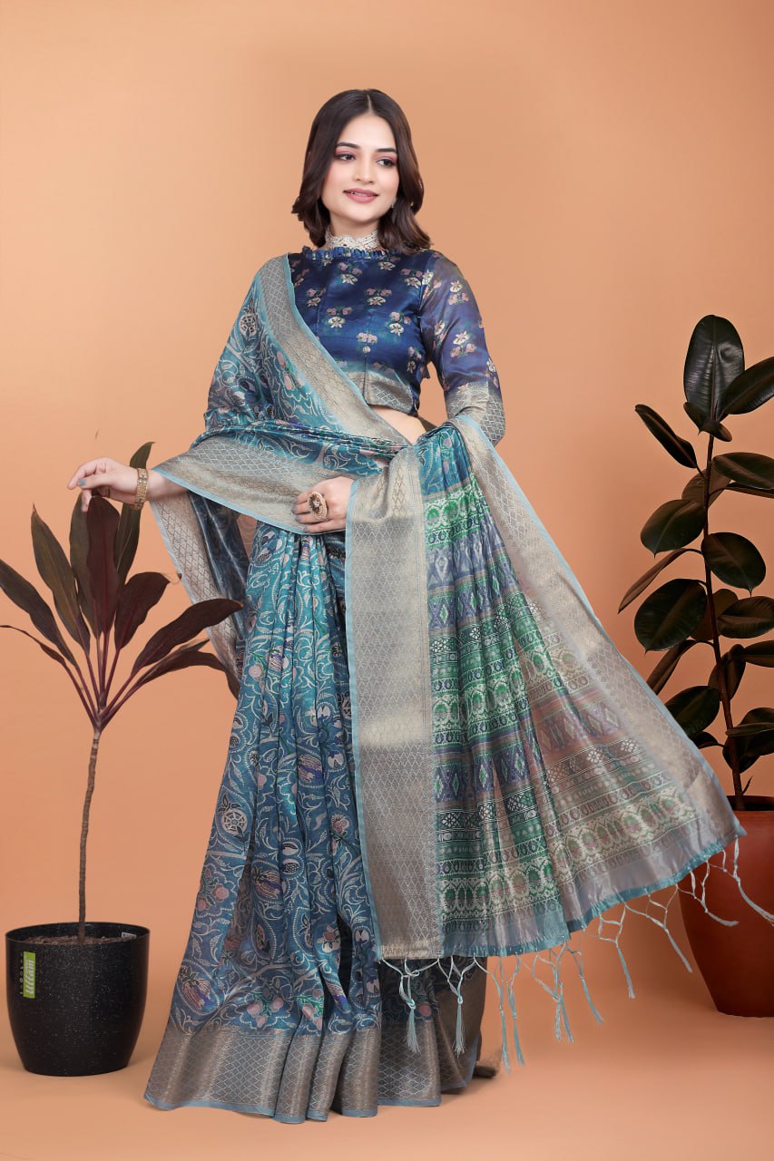 Premium Peacock Blue Soft Silk Saree with Floral Zari Weave & Multi-Color Pallu