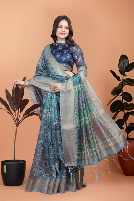 Premium Peacock Blue Soft Silk Saree with Floral Zari Weave & Multi-Color Pallu