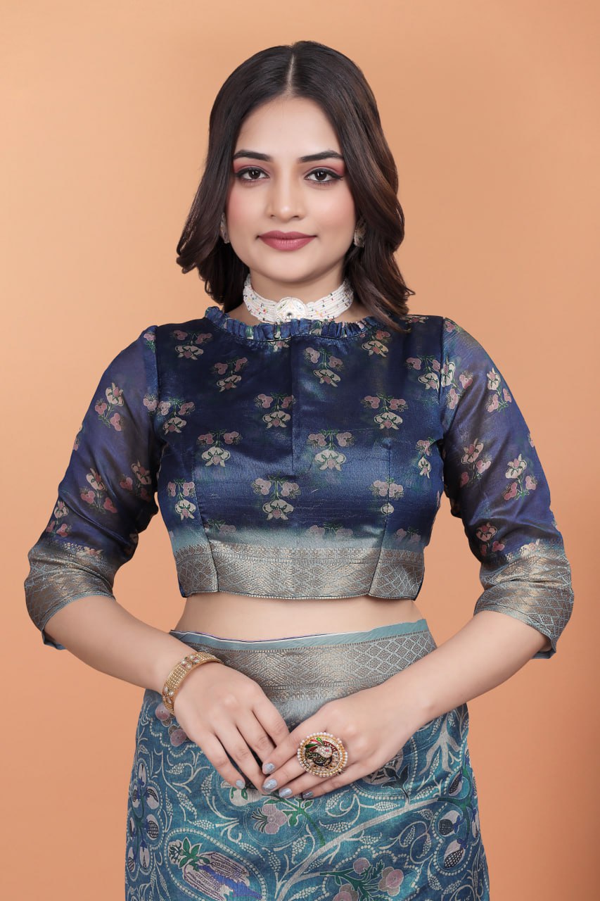 Premium Peacock Blue Soft Silk Saree with Floral Zari Weave & Multi-Color Pallu