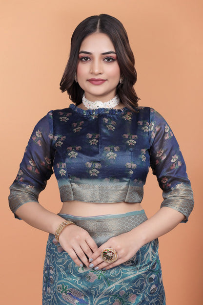 Premium Peacock Blue Soft Silk Saree with Floral Zari Weave & Multi-Color Pallu