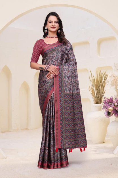 Fancy Dusty Pink Mal Cotton Saree with Traditional Ethnic Print Border