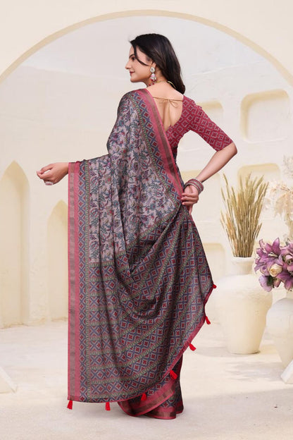 Fancy Dusty Pink Mal Cotton Saree with Traditional Ethnic Print Border