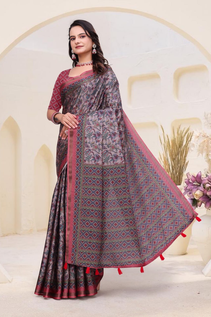 Fancy Dusty Pink Mal Cotton Saree with Traditional Ethnic Print Border