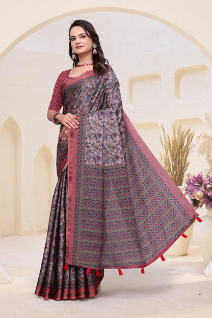 Fancy Dusty Pink Mal Cotton Saree with Traditional Ethnic Print Border
