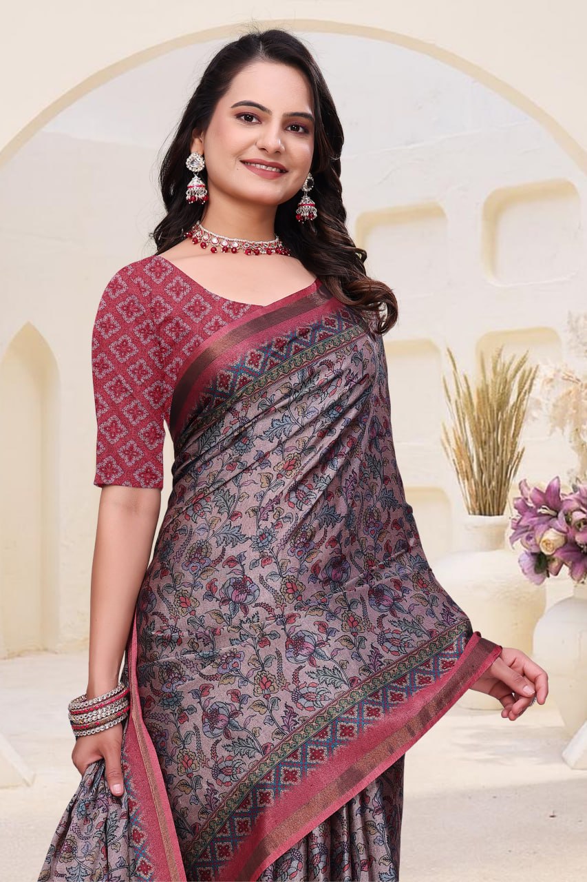 Fancy Dusty Pink Mal Cotton Saree with Traditional Ethnic Print Border