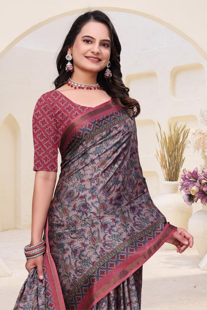 Fancy Dusty Pink Mal Cotton Saree with Traditional Ethnic Print Border