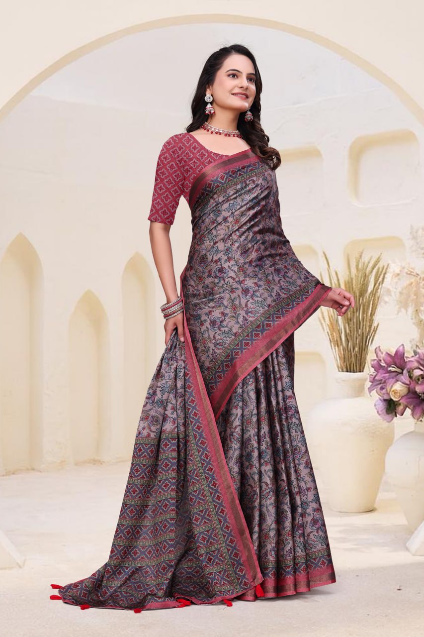 Fancy Dusty Pink Mal Cotton Saree with Traditional Ethnic Print Border