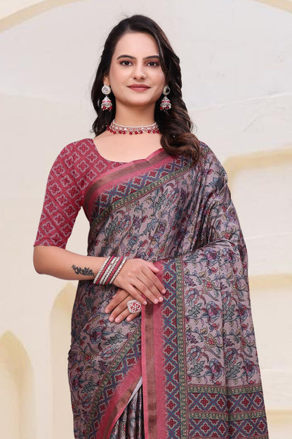 Fancy Dusty Pink Mal Cotton Saree with Traditional Ethnic Print Border