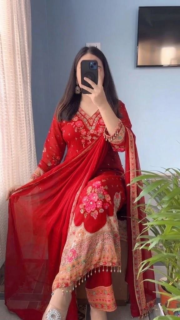 Elegant Embroidered Red Salwar Suit Set with Detailed Dupatta