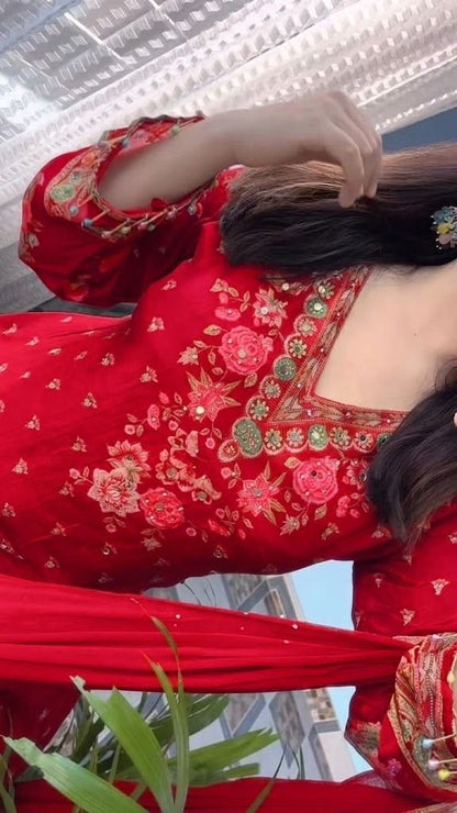 Elegant Embroidered Red Salwar Suit Set with Detailed Dupatta