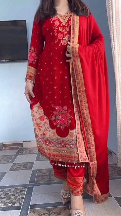 Elegant Embroidered Red Salwar Suit Set with Detailed Dupatta