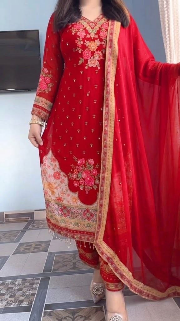 Elegant Embroidered Red Salwar Suit Set with Detailed Dupatta